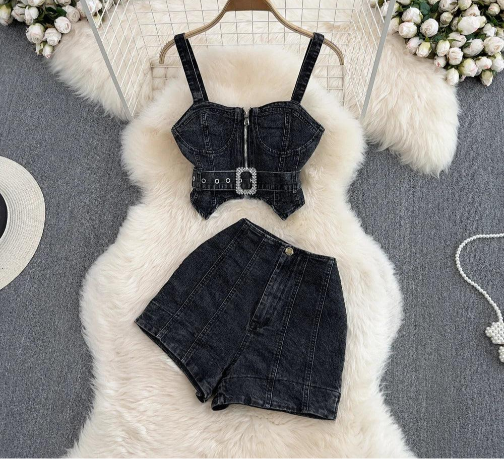 High Street Zipper Denim Set - Piña Colada