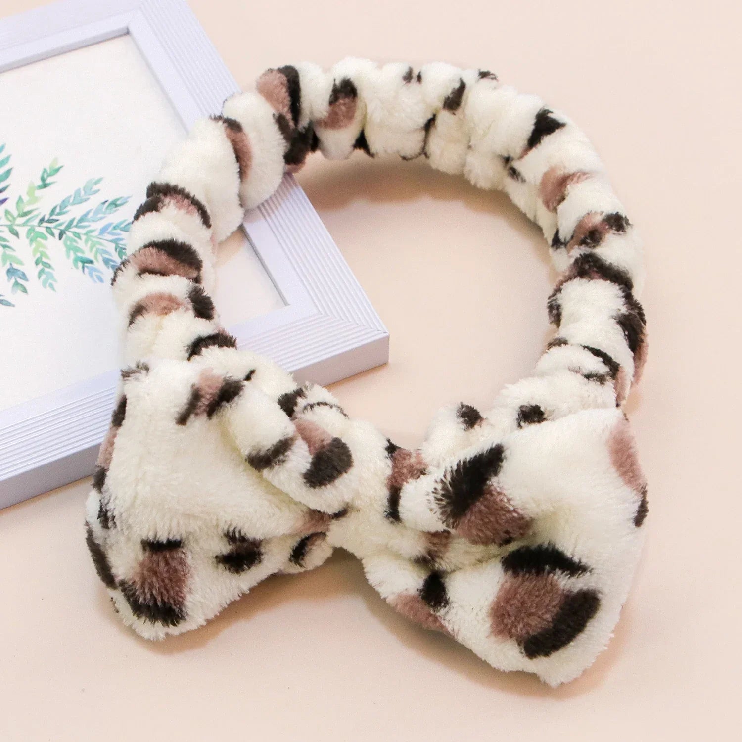 Leopard Bow Coral Fleece Spa Headband - Piña Colada