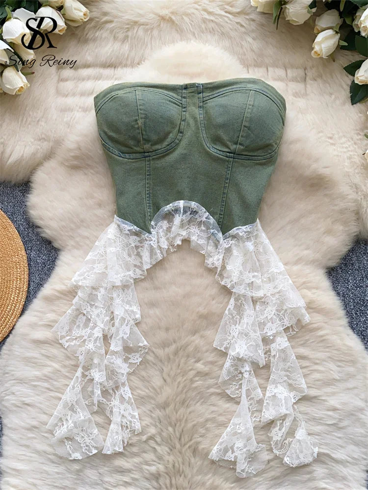 Sweet Lace Denim Tank Top – Summer Vintage Vibes - Piña Colada