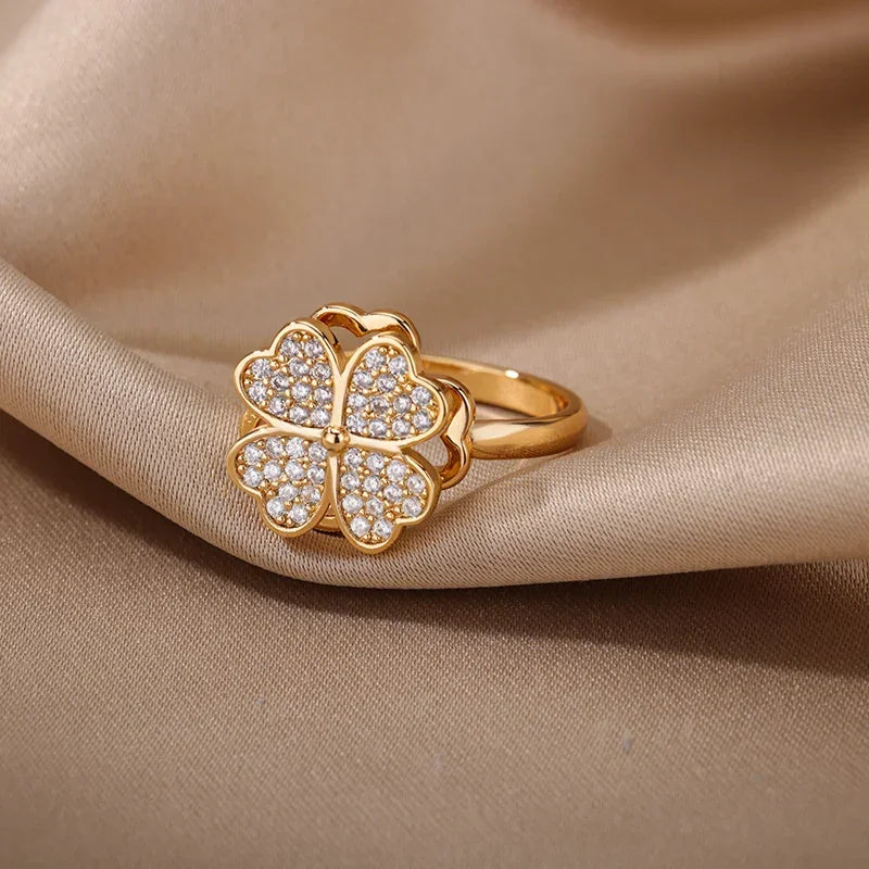 Spinner Zircon Heart Four Leaf Clover Rings - Piña Colada