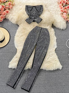 Rhinestone Slash Neck Crop Top & High Waist Pants Set - Piña Colada