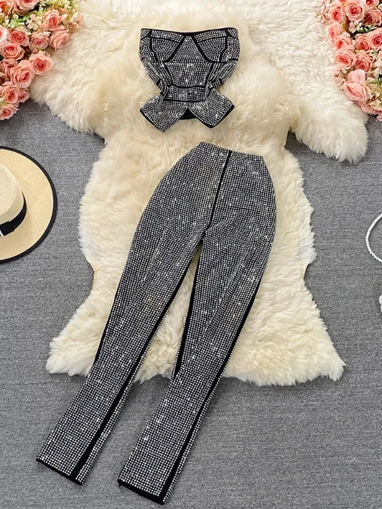 Rhinestone Slash Neck Crop Top & High Waist Pants Set - Piña Colada