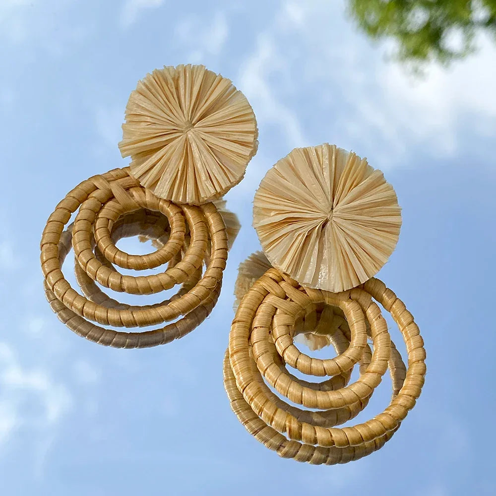 Handmade Two Tone Rattan Knit Wrapped Round Drop Earrings for Women - Piña Colada