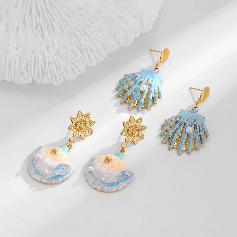 Blue Shell Earrings - Piña Colada