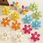 Bohemian Colorful Flower Drop Earrings – Handmade Rhinestone & Pearl Holiday Jewelry for Women - Piña Colada