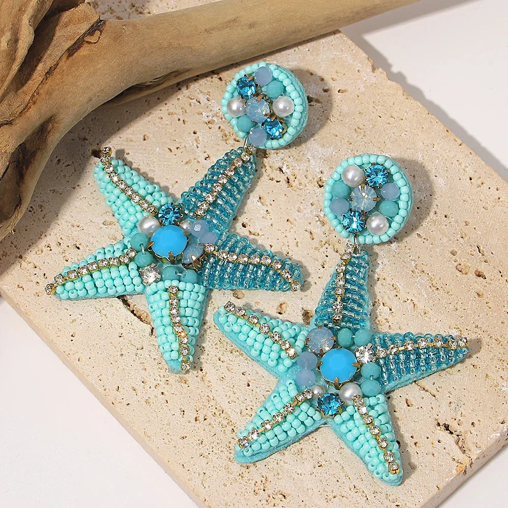 Handmade Beaded Blue Starfish Drop Earrings - Piña Colada