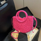 Boho Rattan Half-Moon Crossbody Bag – Handwoven Summer Straw Shoulder Purse - Piña Colada