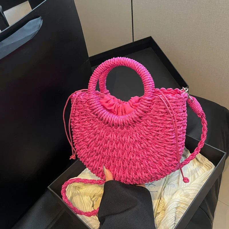 Boho Rattan Half-Moon Crossbody Bag – Handwoven Summer Straw Shoulder Purse - Piña Colada