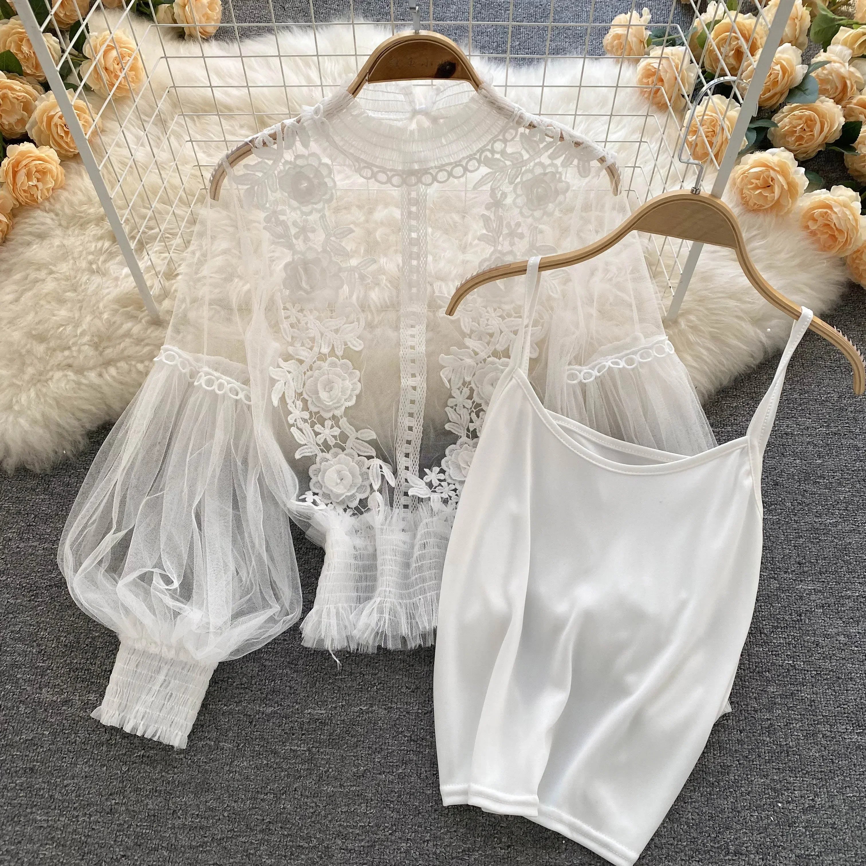 Lace Puff Long Sleeve Blouse Vintage