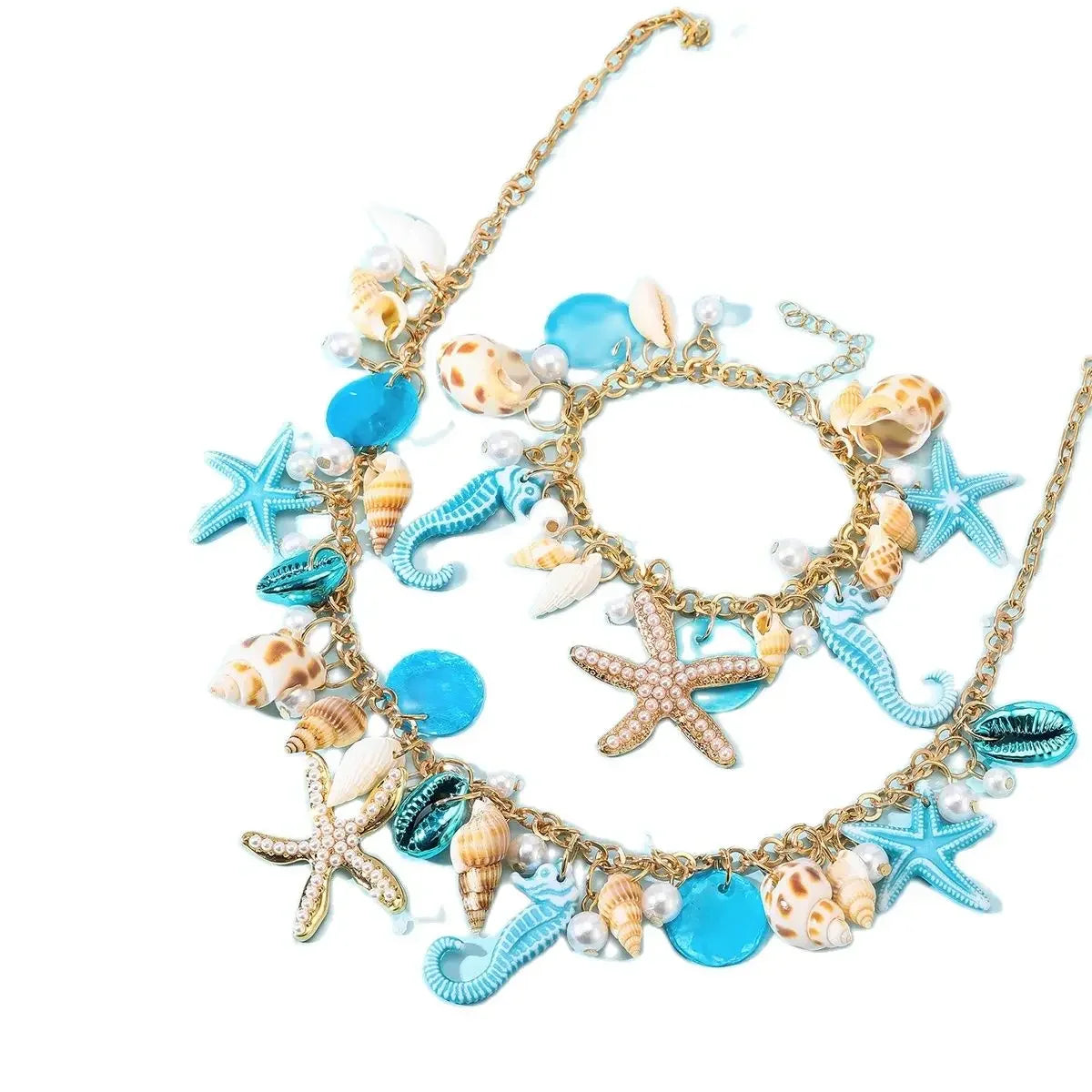 Starfish & Shell Pendant Necklace and Bracelet - Piña Colada