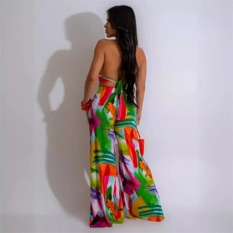 Printed Halter Top & Wide-Leg Pants Set - Piña Colada
