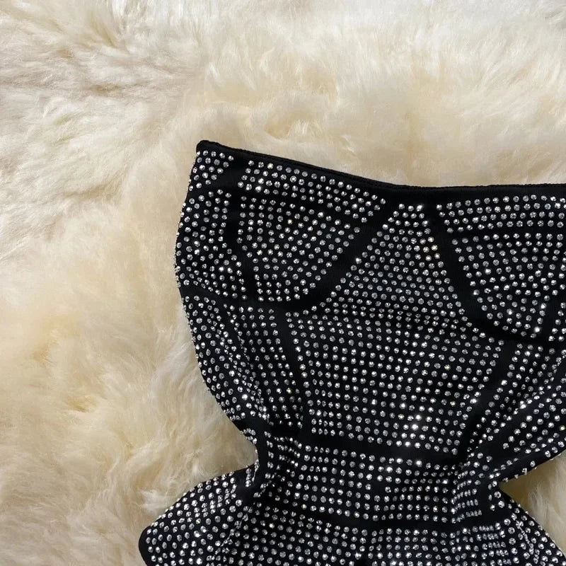 Rhinestone Slash Neck Crop Top & High Waist Pants Set - Piña Colada