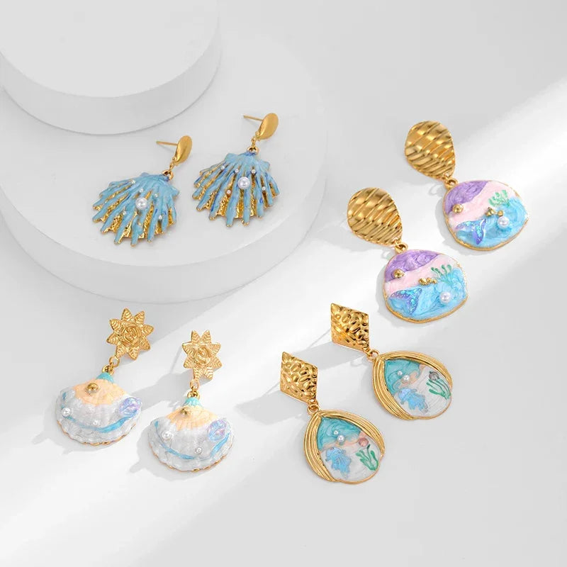 Blue Shell Earrings - Piña Colada