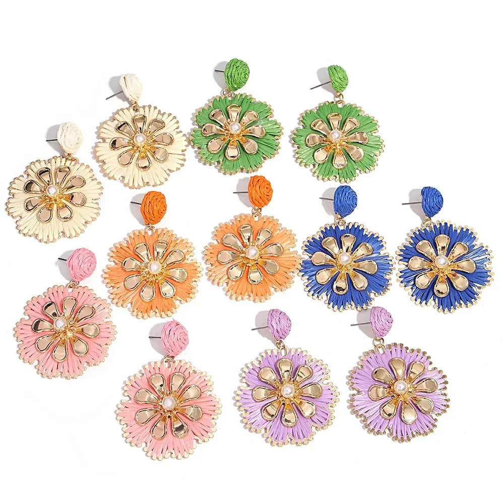 Rattan Plaited Flower Design Pearl Earrings - Piña Colada
