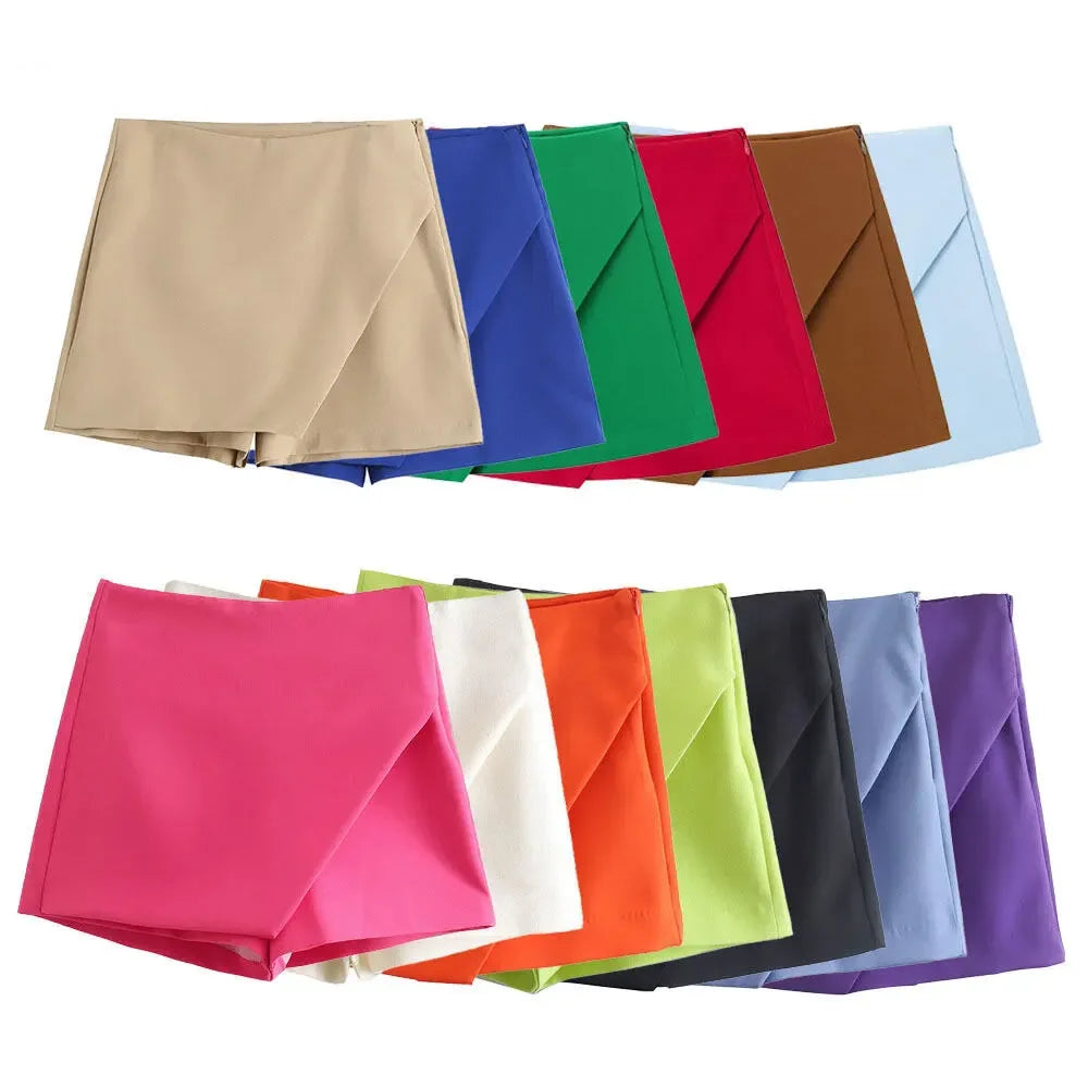 Asymmetrical High Waist Zipper Shorts - Piña Colada