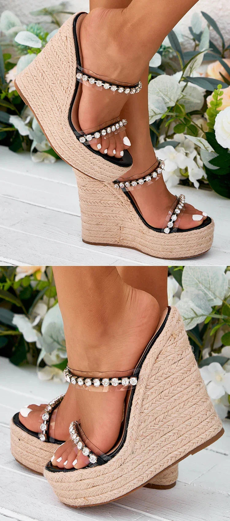Crystal Wedge Slide Sandals – Elegant PU Platform Mules - Piña Colada