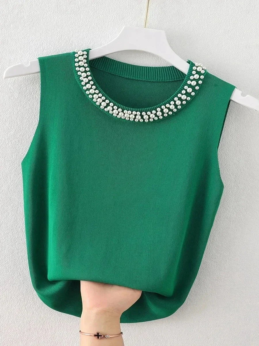 Beaded Knit Crop Tank Top – Casual Stretch Fit - Piña Colada