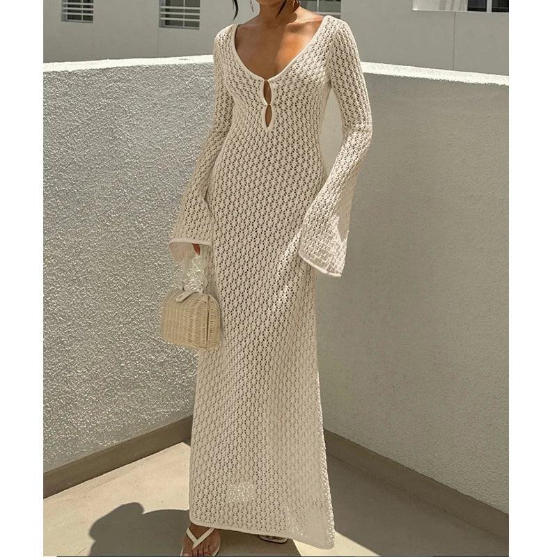 Knitting Hollow Out V-Neck Long Sleeve Dress - Piña Colada