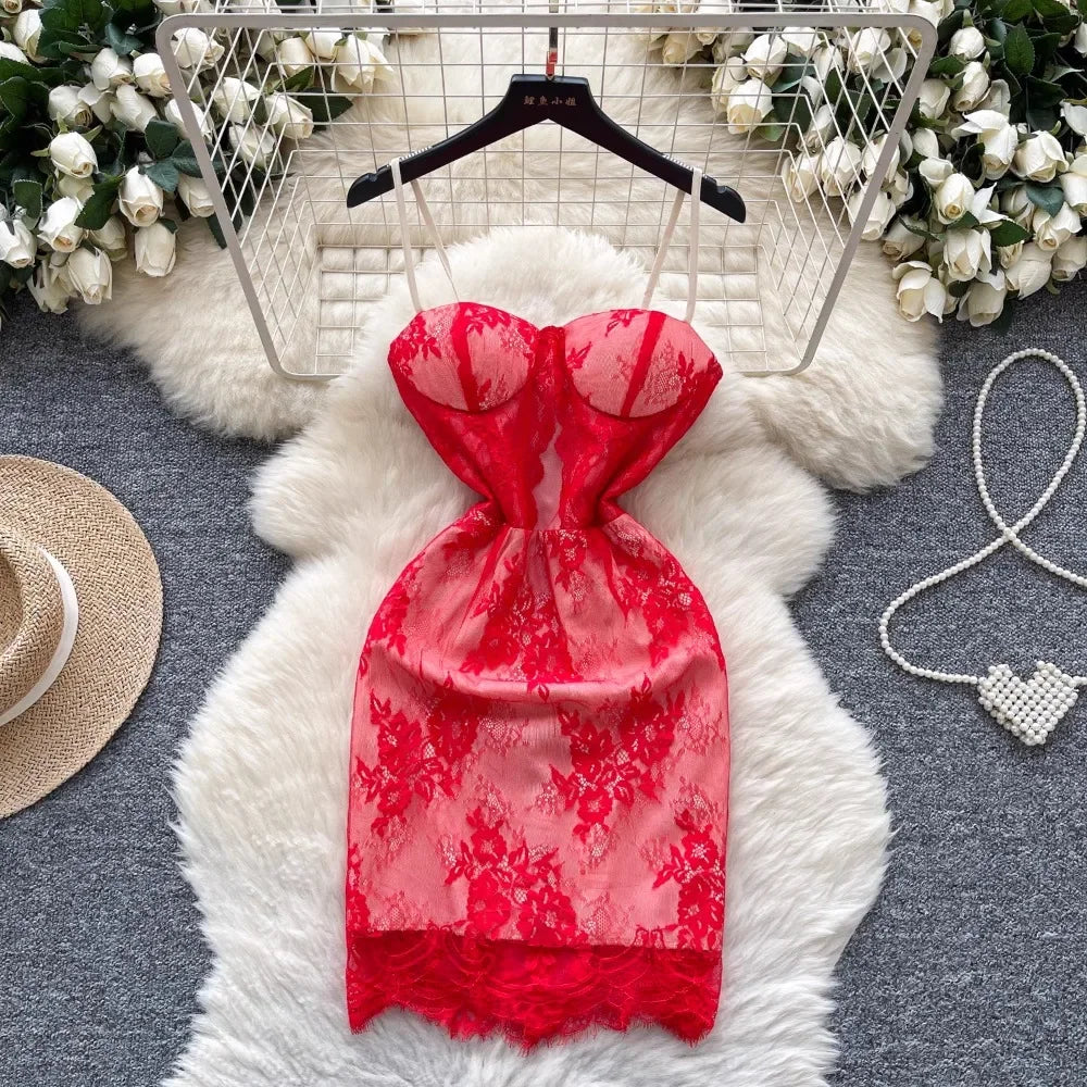 Lace Slim Fit Sleeveless Mini Dress - Piña Colada