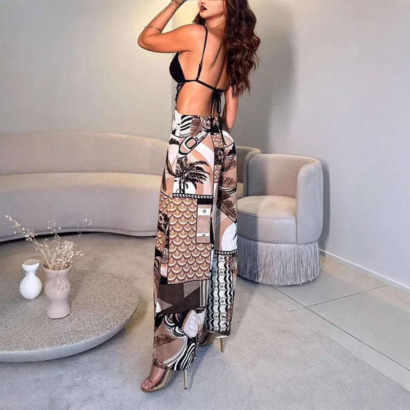 Backless Halter Graphic Printed Jumpsuits - Piña Colada