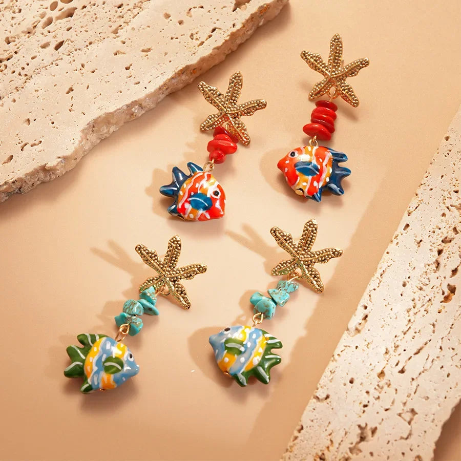 Colorful Fish Drop Earrings - Piña Colada
