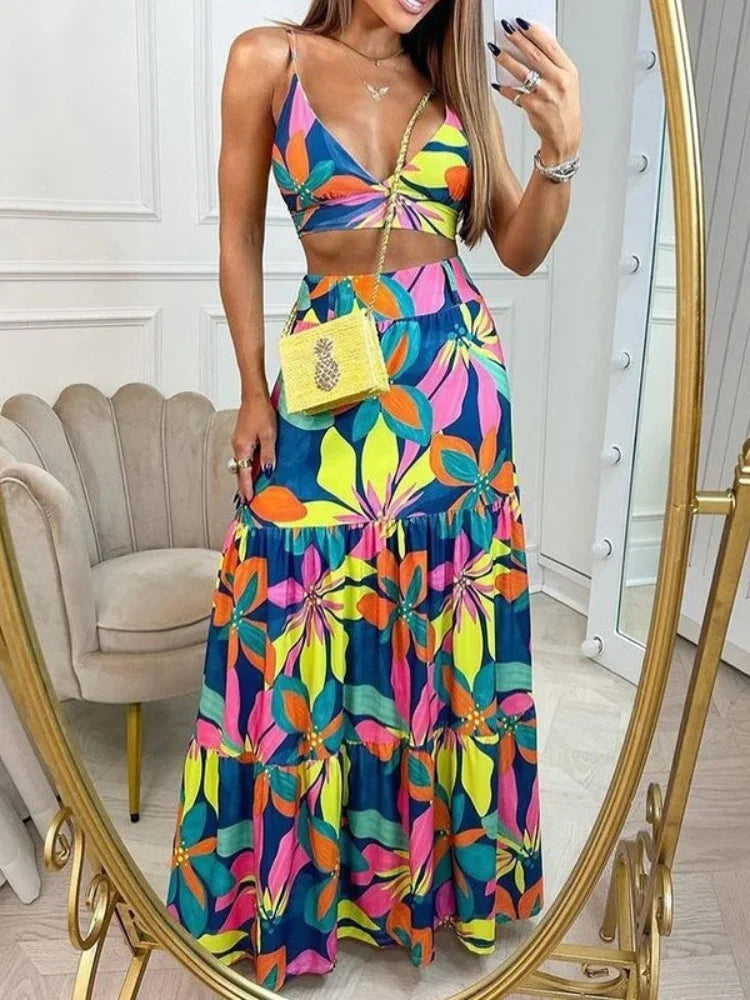 Printed Crop Top & Long Skirt Set - Piña Colada