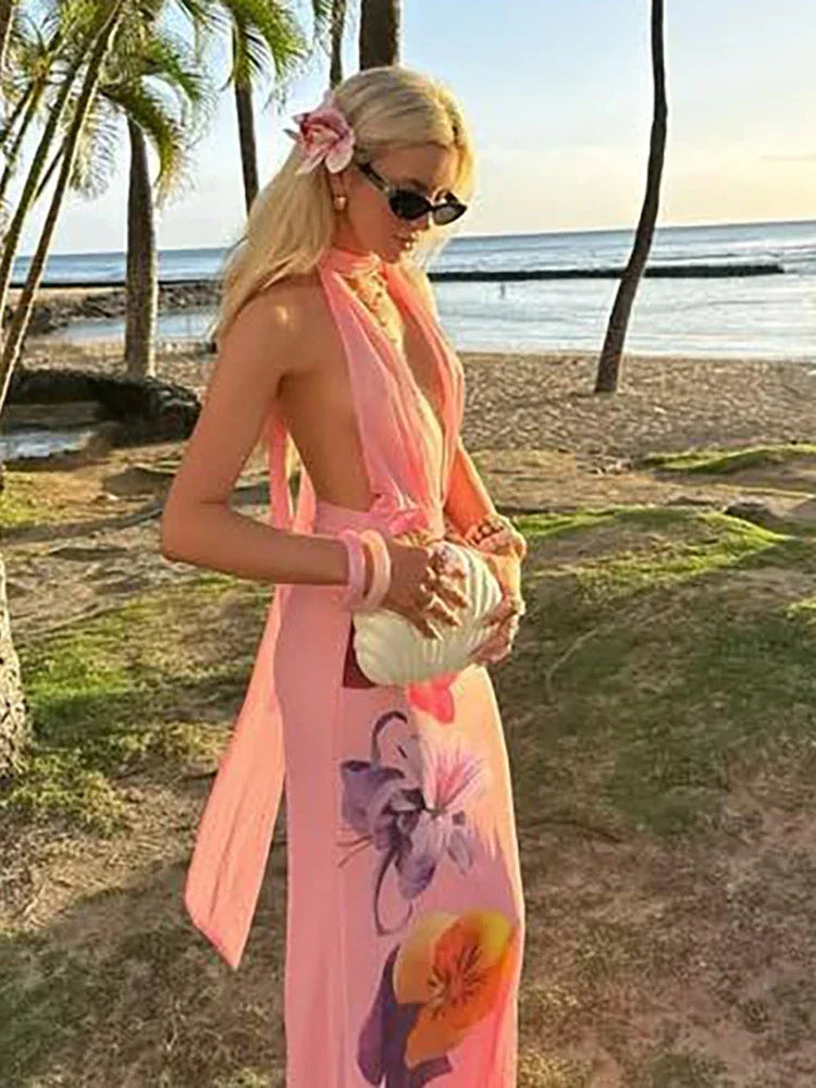 Flower Print Dress Women Backless - Piña Colada