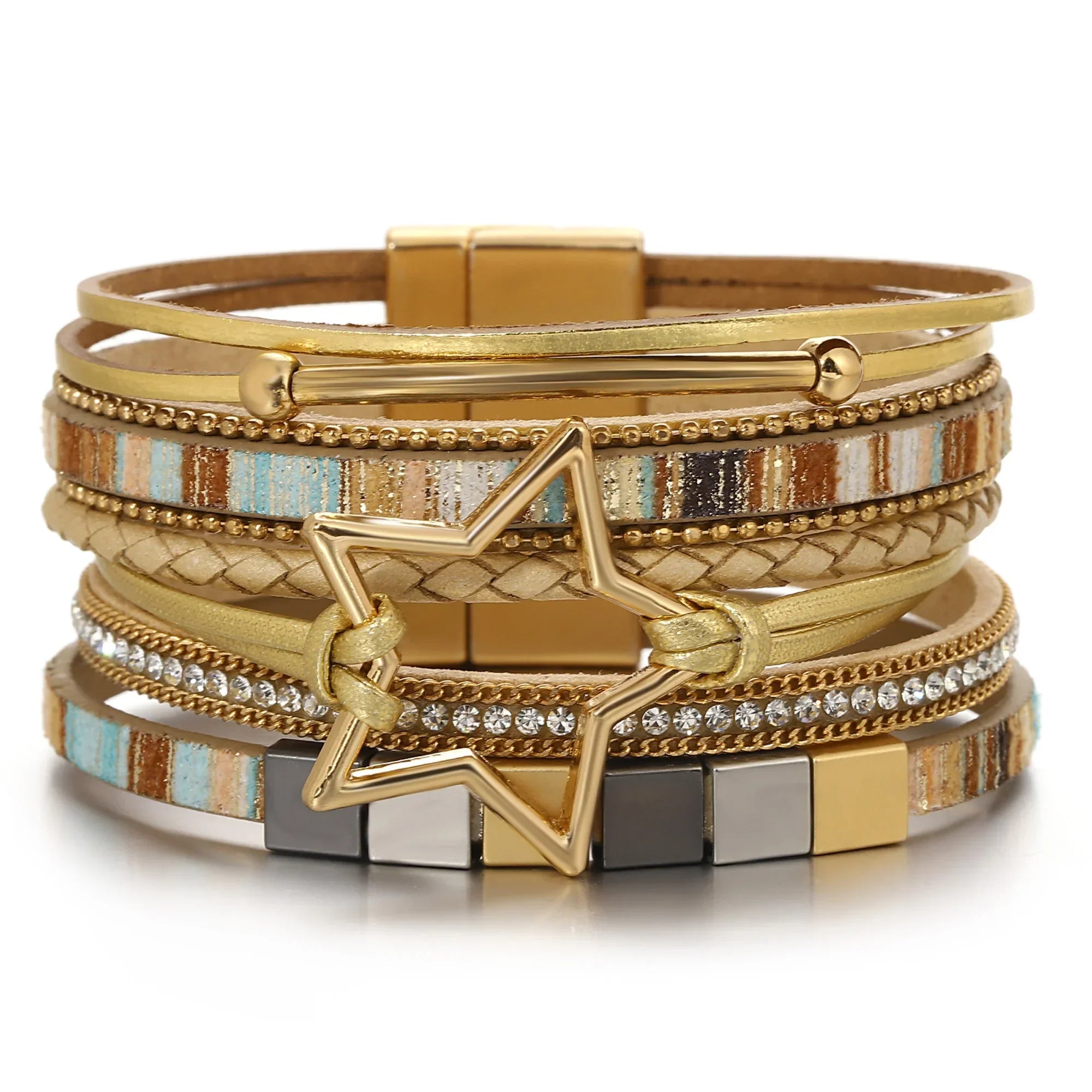 Hollow Star Weave Leather Bracelet - Piña Colada