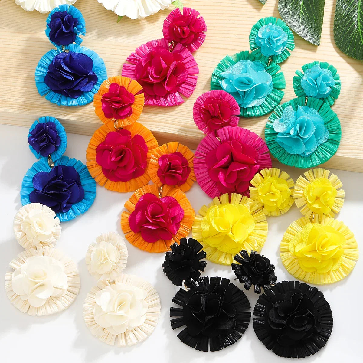 Bohemian Raffia Flower Drop Earrings - Piña Colada