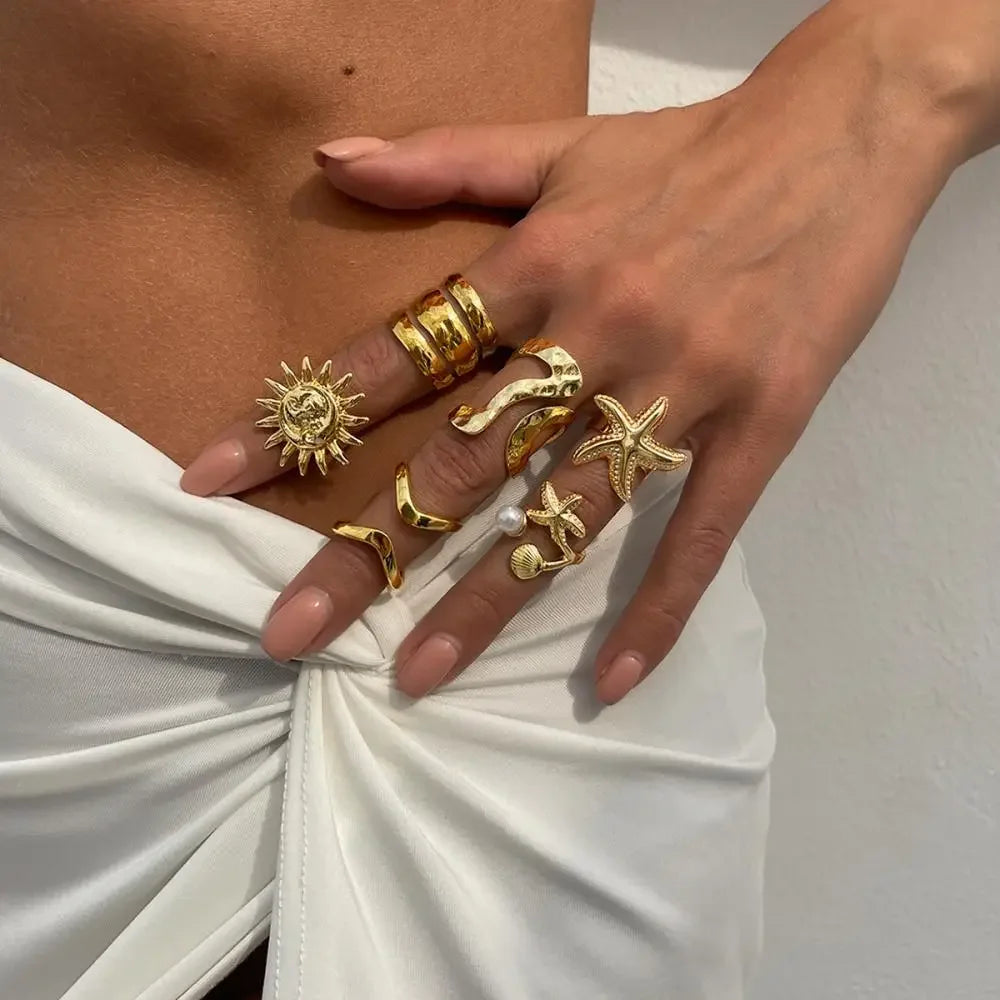 6Pcs/Set Vintage Sun Starfish Open Rings - Piña Colada