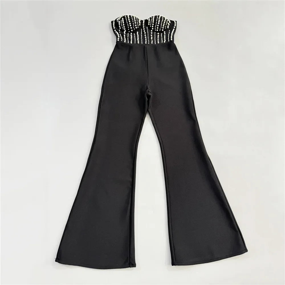 Women Sexy Strapless Shinning Pearl Beading Jumpsuit - Piña Colada