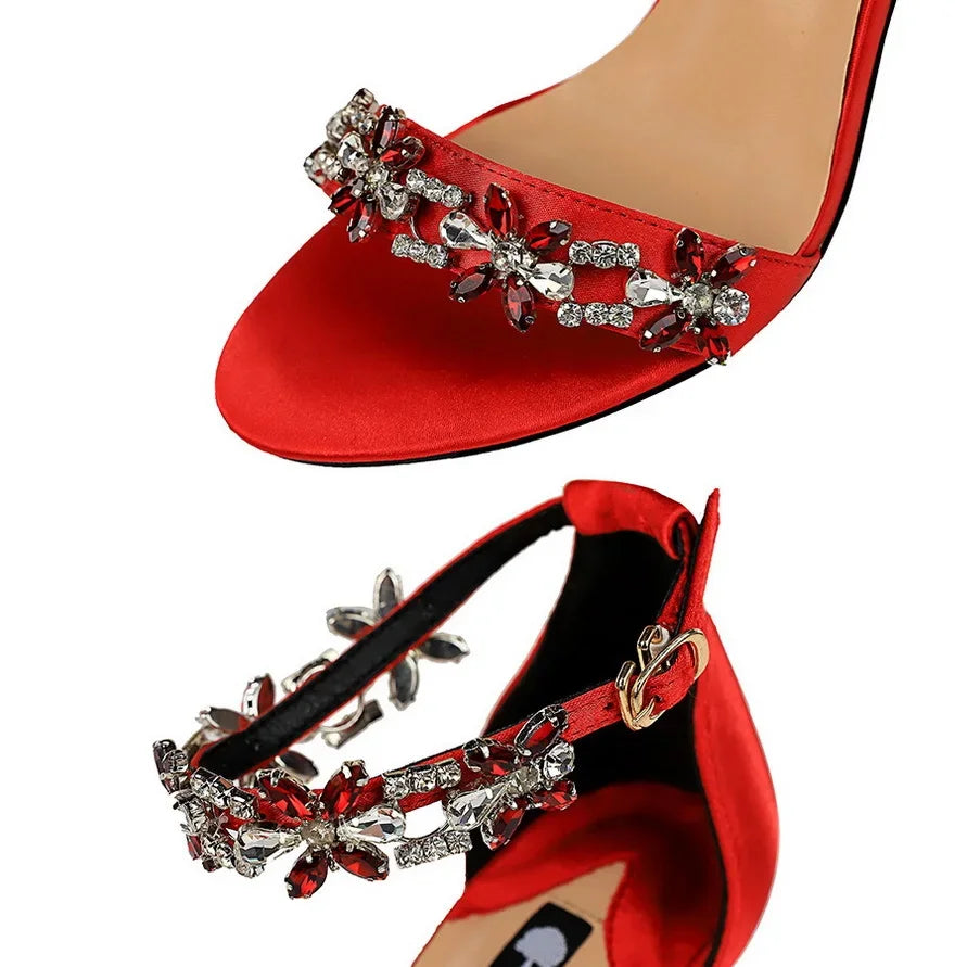 Crystal Flower Thin High Heels Sandals - Piña Colada
