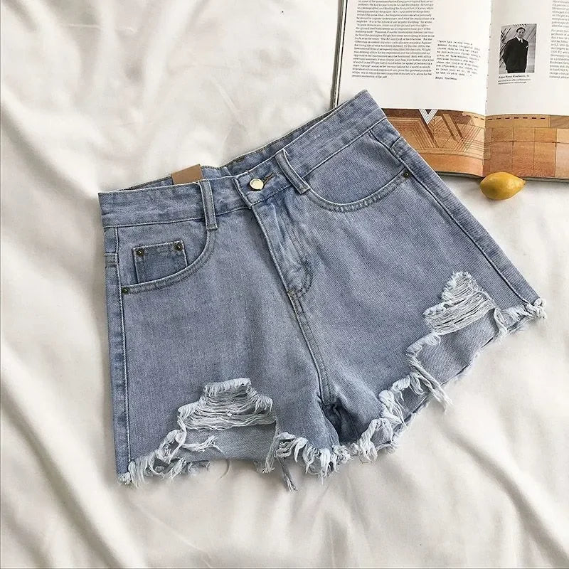 Denim Shorts High Waist Ripped - Piña Colada