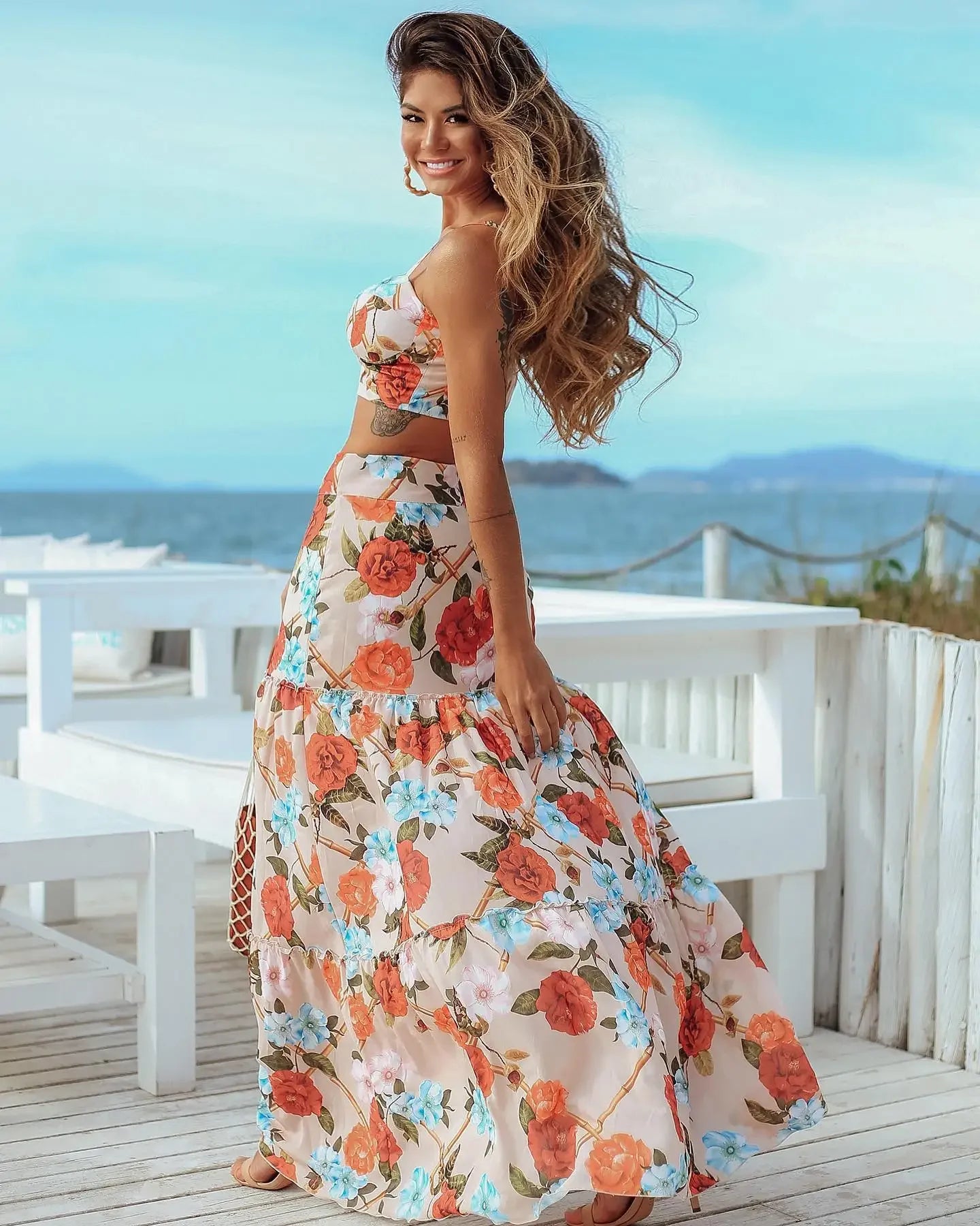 Draped Print V-Neck Maxi Dress – Beachwear Edition - Piña Colada