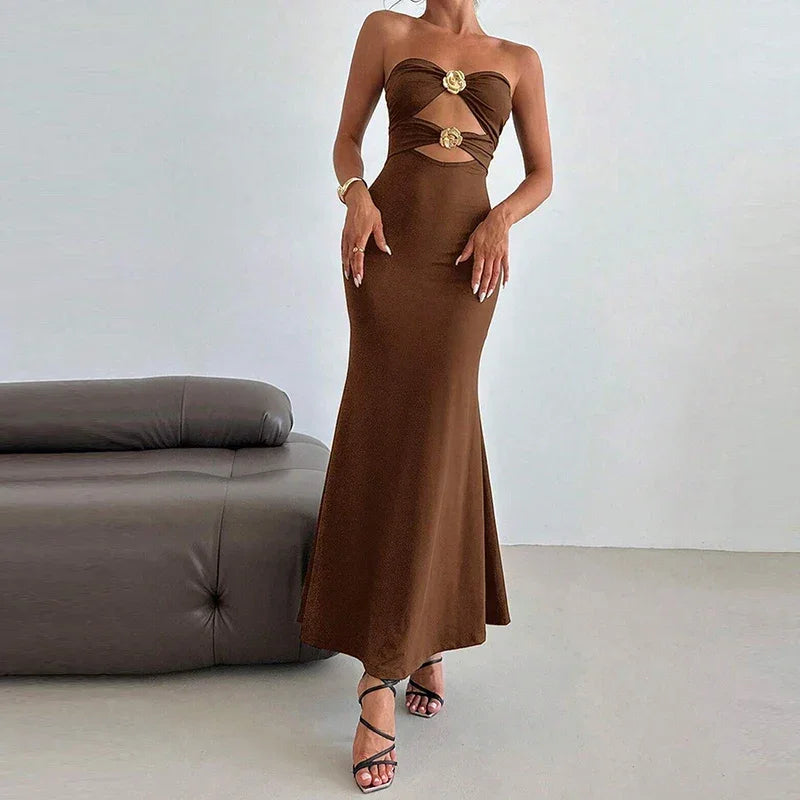 Hollow Out Metal Buckle Slim Evening Dress - Piña Colada