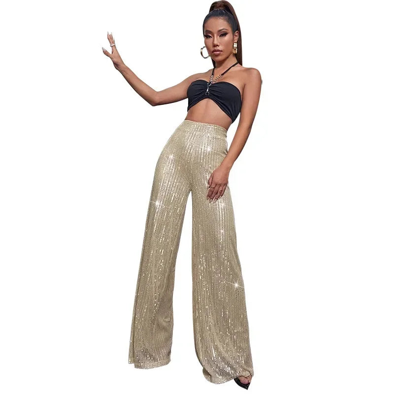 High Waist Loose Sequin Wide Leg Pants - Piña Colada
