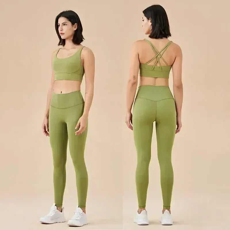 High-Waist Sports Leggings with Phone Pocket Set - Piña Colada