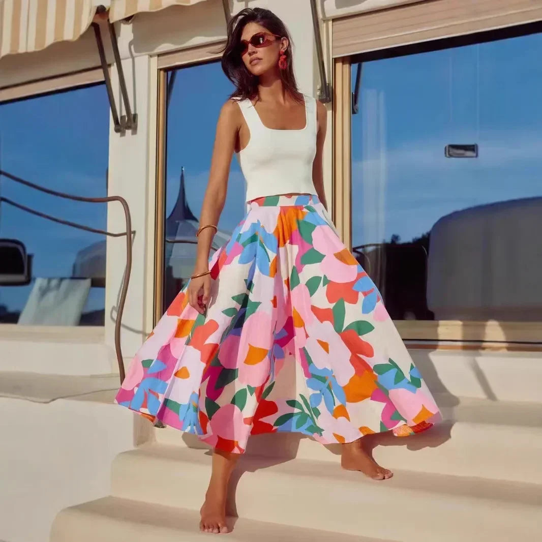 Long Printed Halter Neck Midi Skirt - Piña Colada