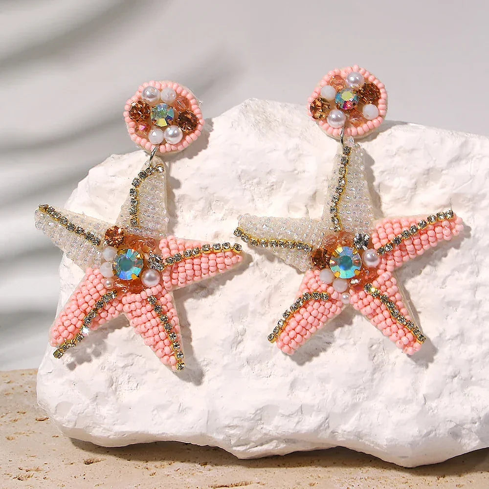 Handmade Beaded Blue Starfish Drop Earrings - Piña Colada