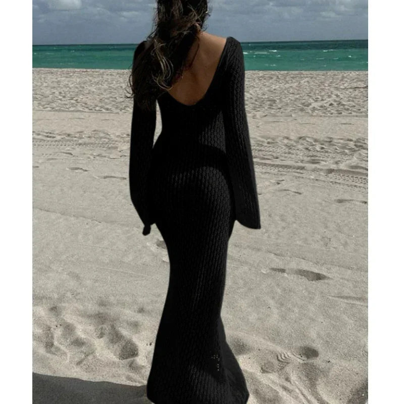 Knitting Hollow Out V-Neck Long Sleeve Dress - Piña Colada