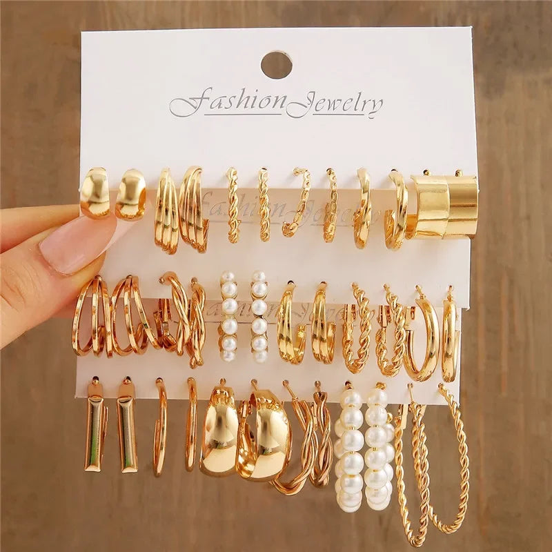 Modyle Geometric Pearl Hoop Earrings Set - Piña Colada