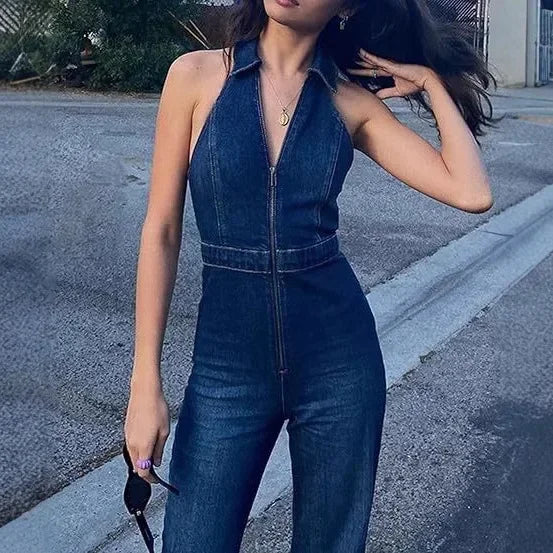 Slim Fit High Waist Denim Jumpsuit - Piña Colada