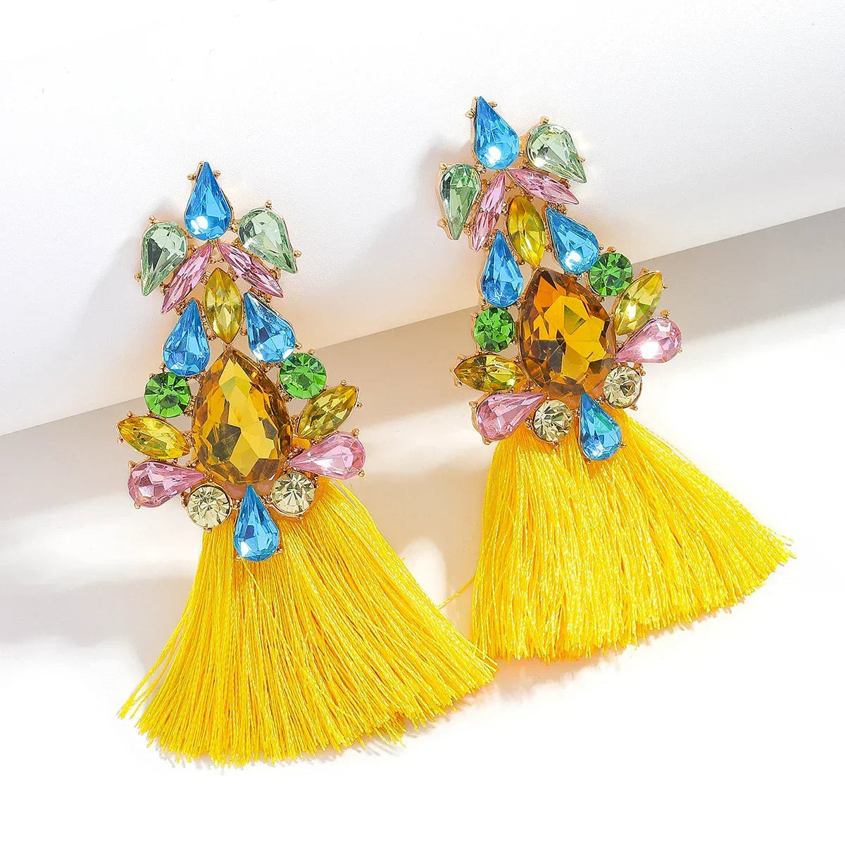 Boho Rhinestone Leaf Tassel Earrings – Statement Dangle Earrings for Women - Piña Colada