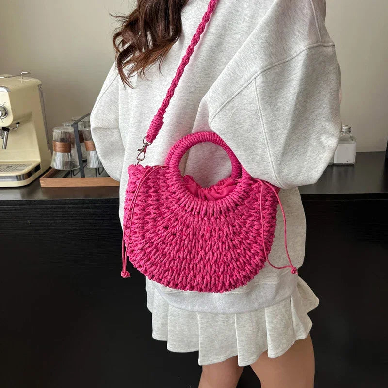 Boho Rattan Half-Moon Crossbody Bag – Handwoven Summer Straw Shoulder Purse - Piña Colada