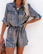 Loose-Fit Long Sleeve Denim Romper - Piña Colada