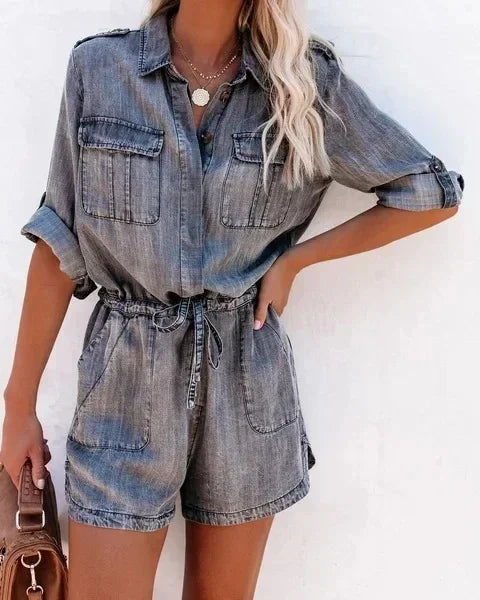 Loose-Fit Long Sleeve Denim Romper - Piña Colada