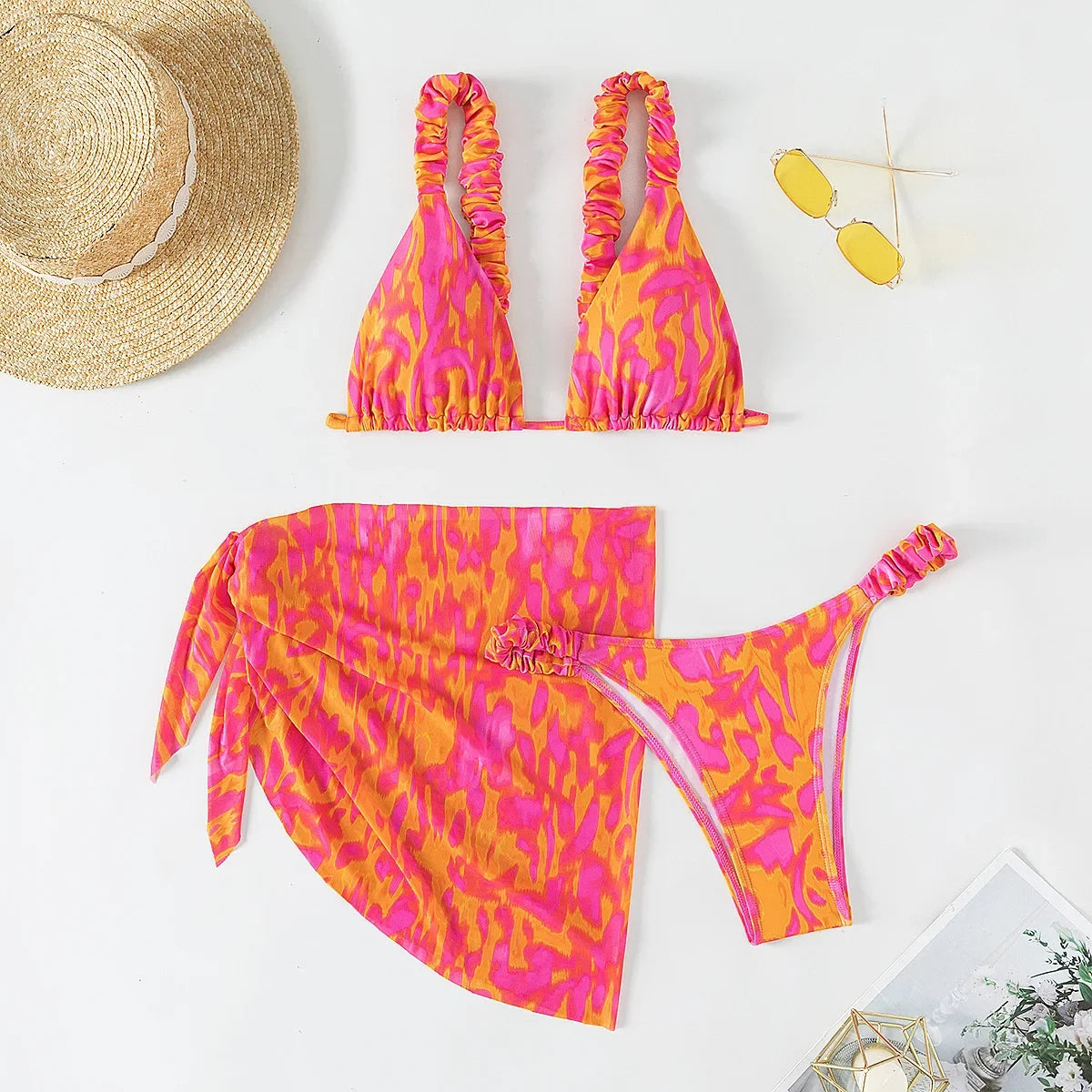 2025 New Rose Red Print 3 Piece Swimsuit for Women - Piña Colada