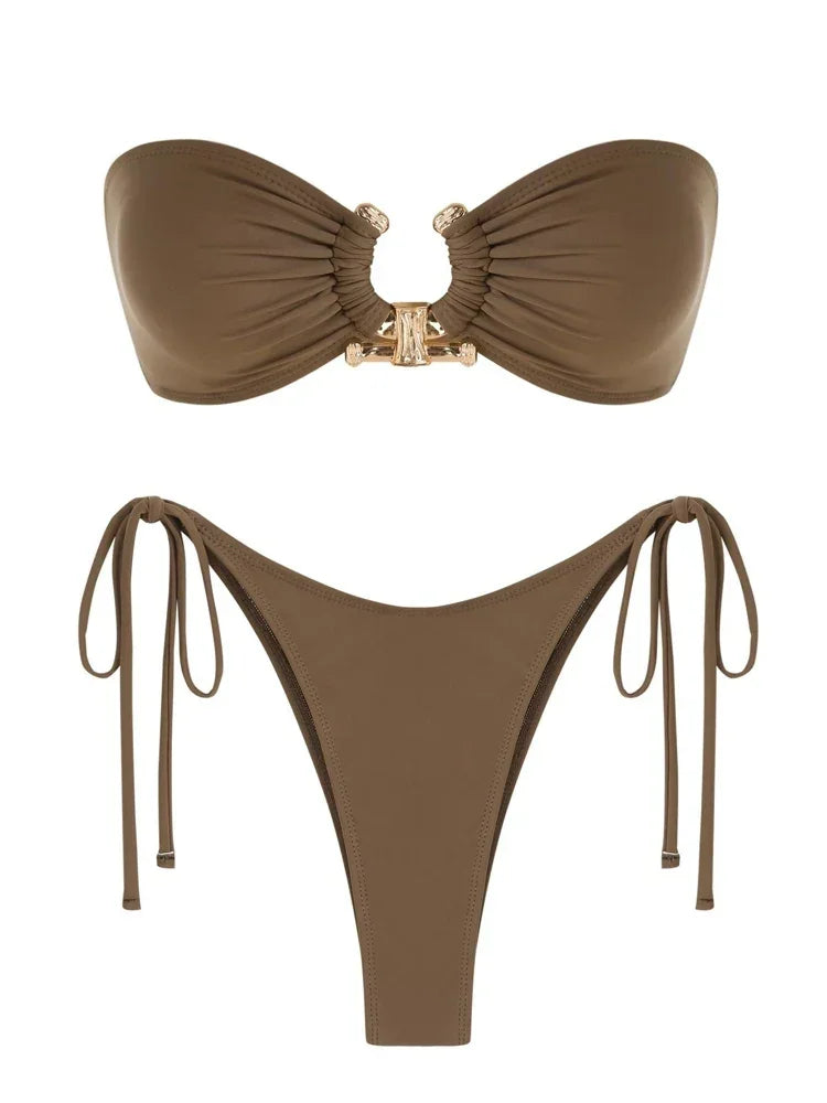 Solid Ring Detail Bikini Set - Piña Colada