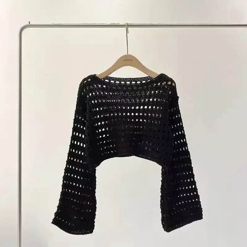 Boho Crochet Hollow-Out Knit Top – Y2K Style Long Sleeve Pullover - Piña Colada