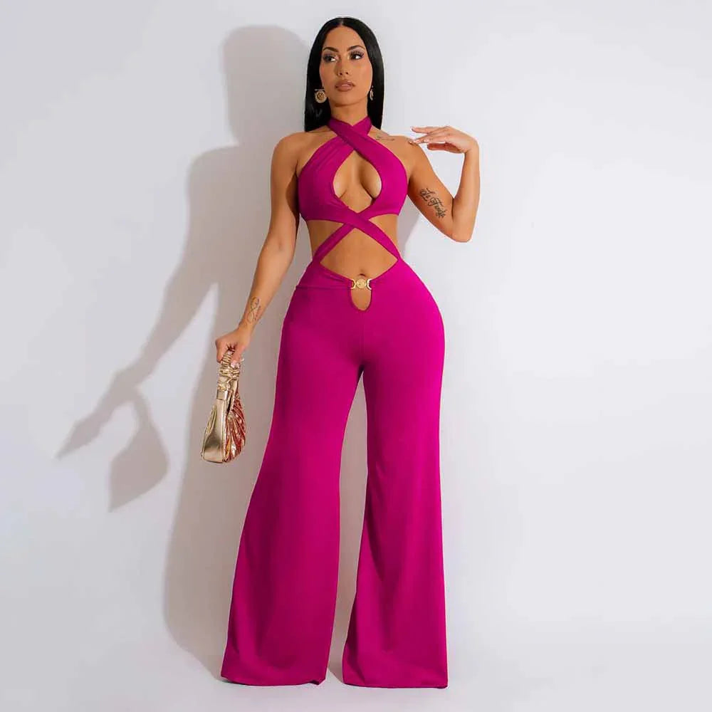 Crisscross Halter Wide-Leg Jumpsuit - Piña Colada